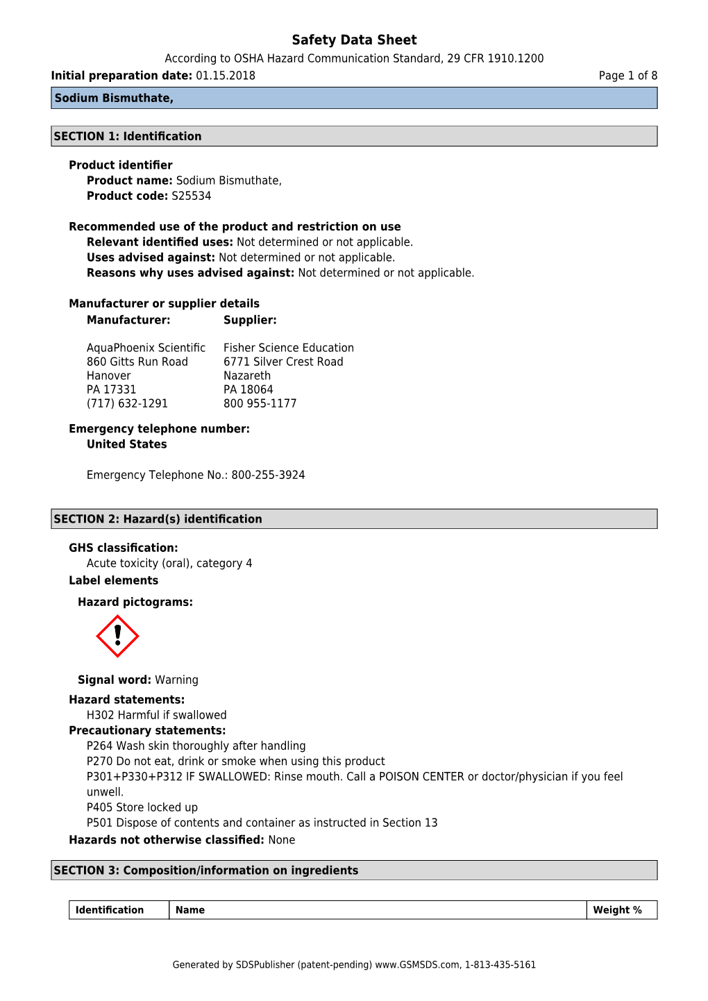 Safety Data Sheet According to OSHA Hazard Communication Standard, 29 CFR 1910.1200 Initial Preparation Date: 01.15.2018 Page 1 of 8 Sodium Bismuthate