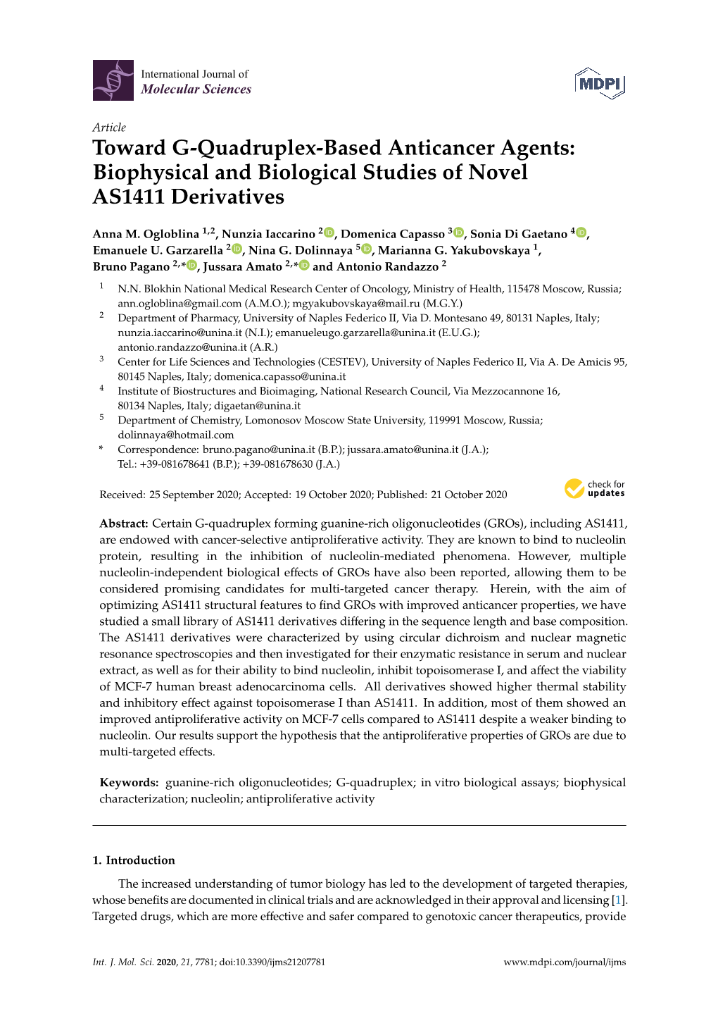 Toward G-Quadruplex-Based Anticancer Agents: Biophysical and Biological Studies of Novel AS1411 Derivatives