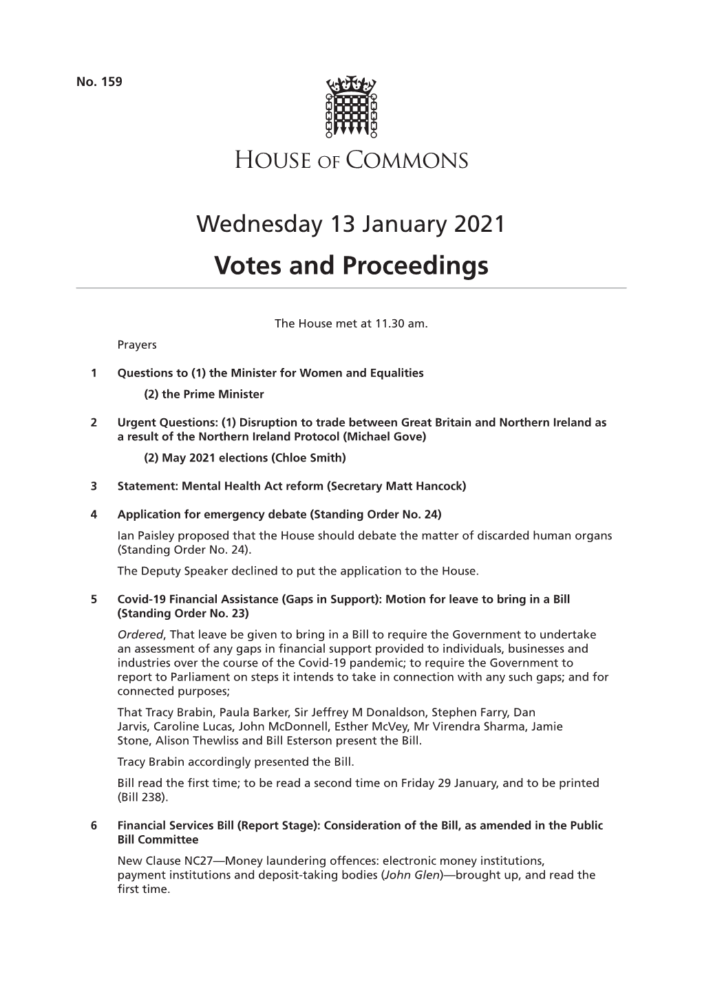 13 January 2021 Votes and Proceedings