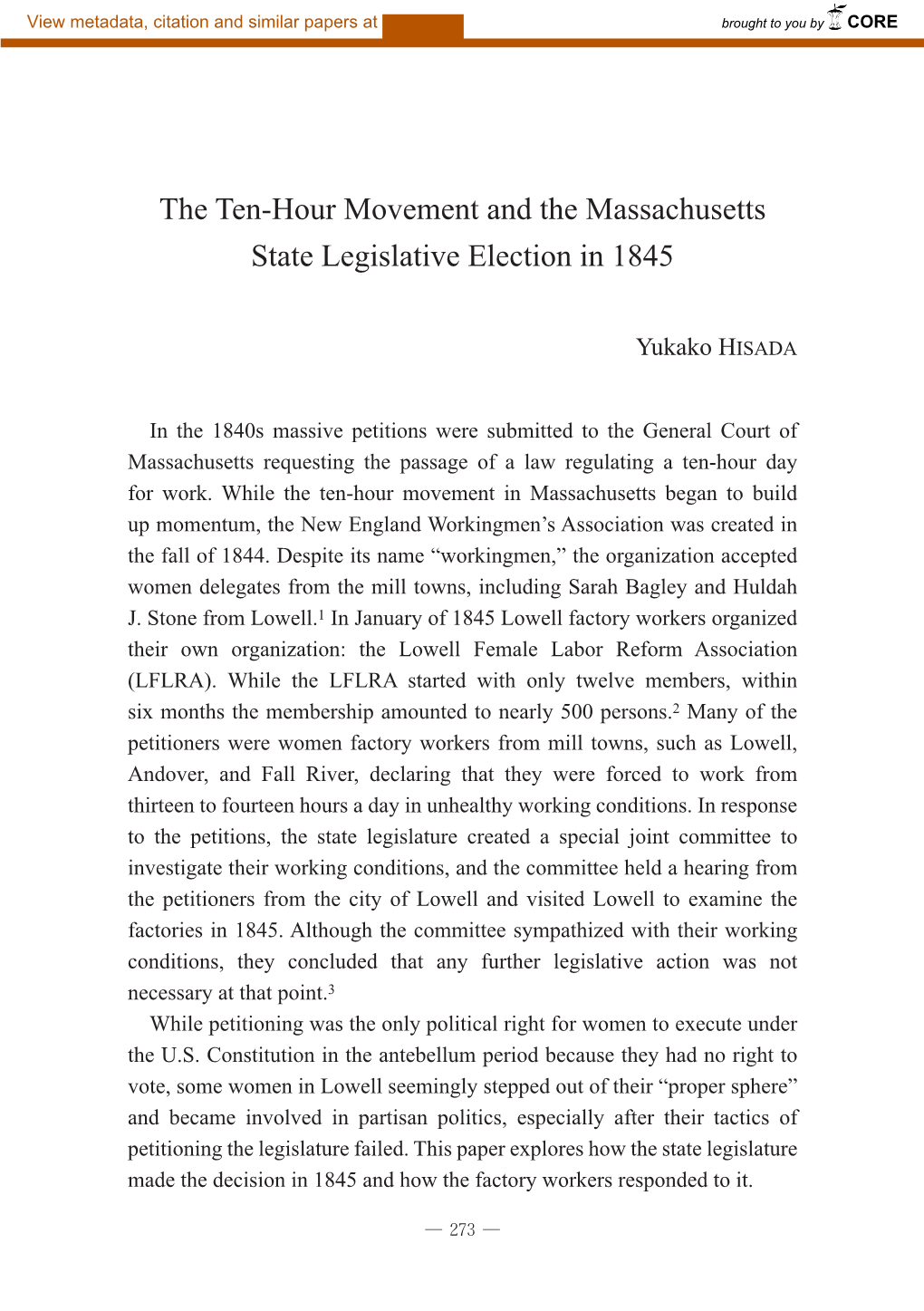 The Ten-Hour Movement and the Massachusetts State Legislative Election in 1845