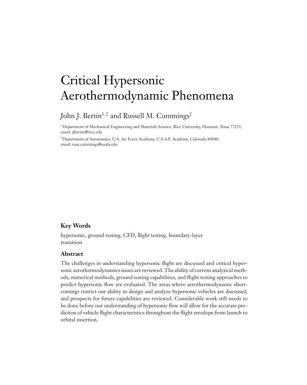 Critical Hypersonic Aerothermodynamic Phenomena