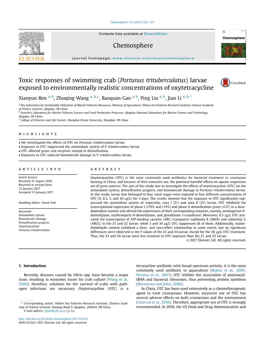Toxic Responses of Swimming Crab (Portunus Trituberculatus) Larvae Exposed to Environmentally Realistic Concentrations of Oxytetracycline