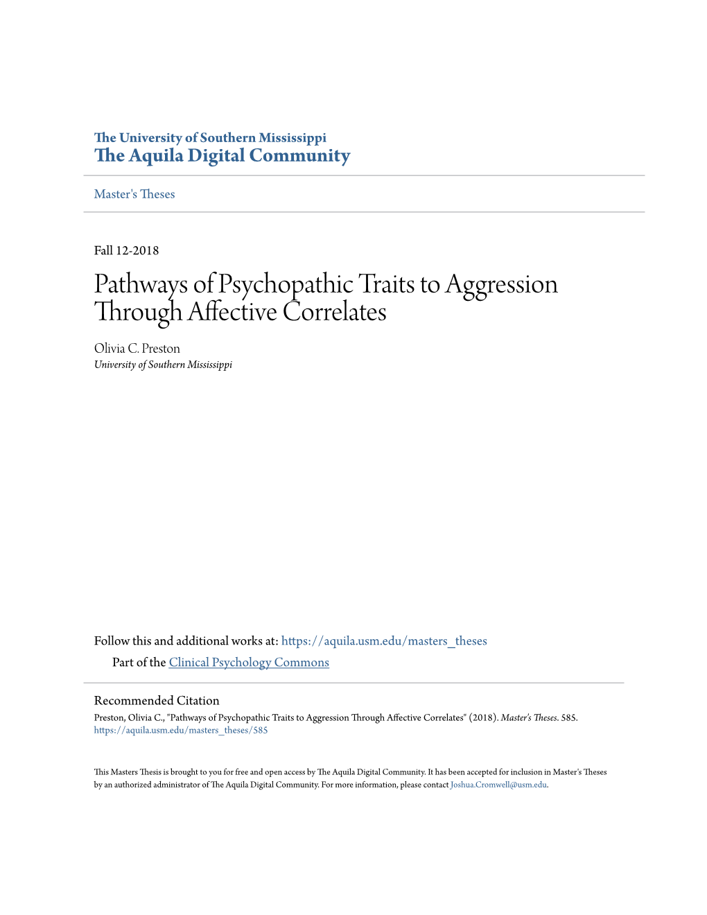 Pathways of Psychopathic Traits to Aggression Through Affective Correlates Olivia C