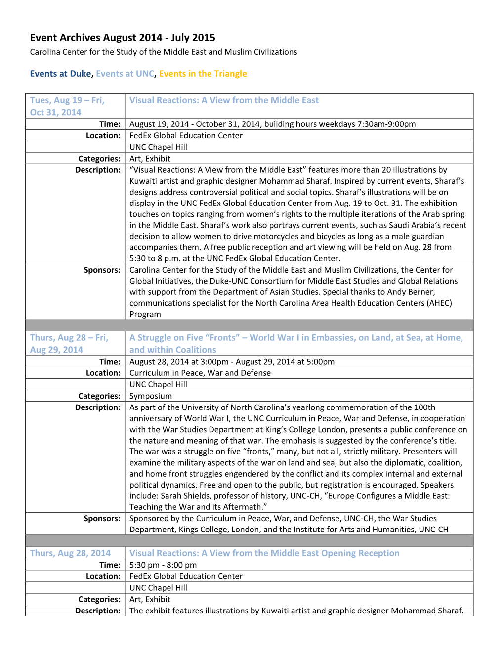 Event Archives August 2014 - July 2015 Carolina Center for the Study of the Middle East and Muslim Civilizations