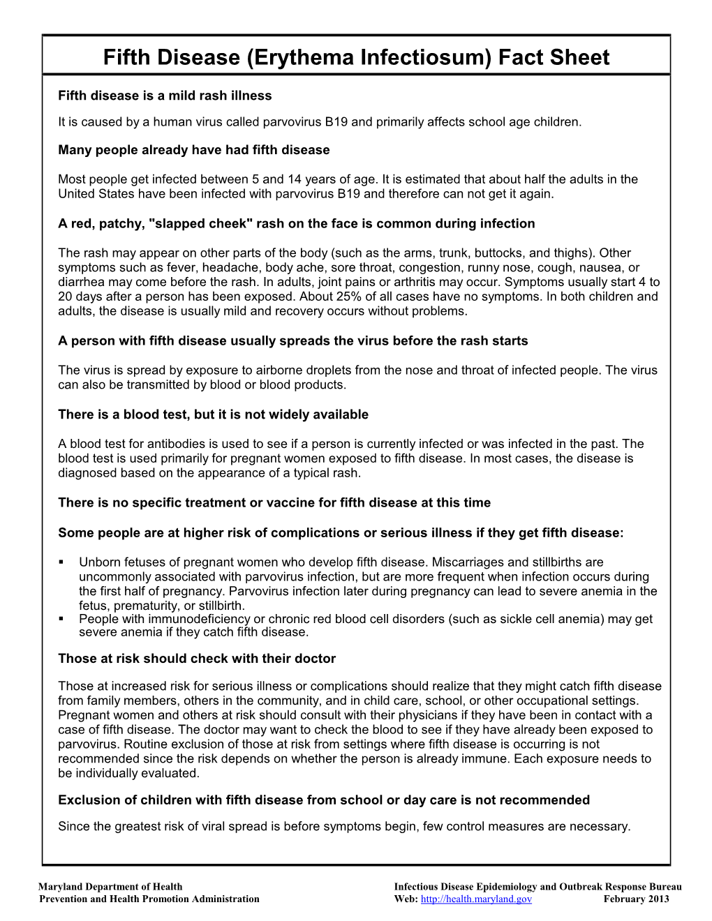 Fifth Disease (Erythema Infectiosum) Fact Sheet