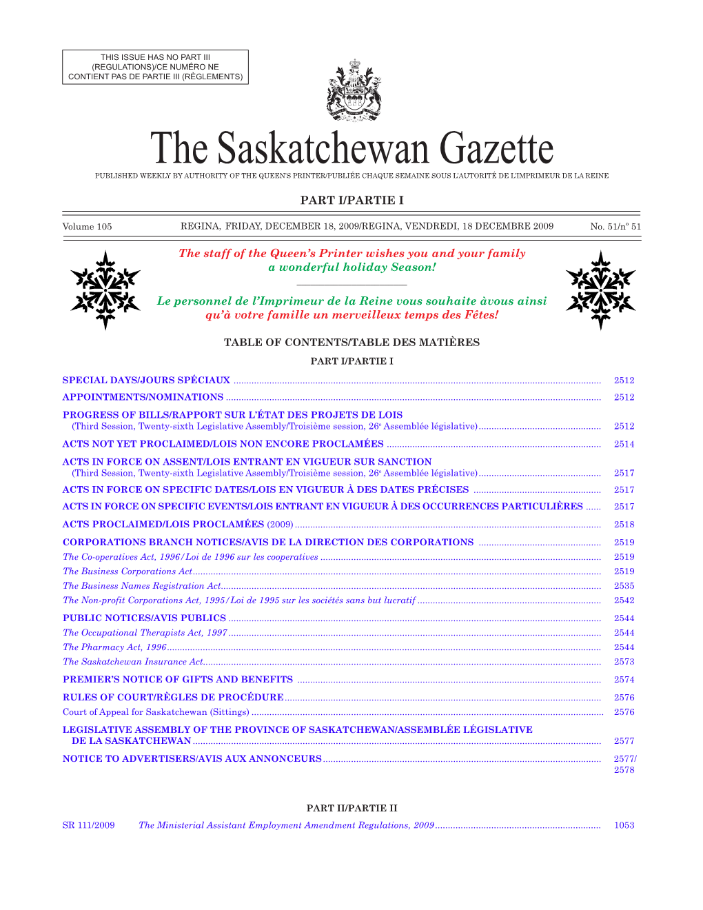 Sask Gazette, Part I, December 18, 20009