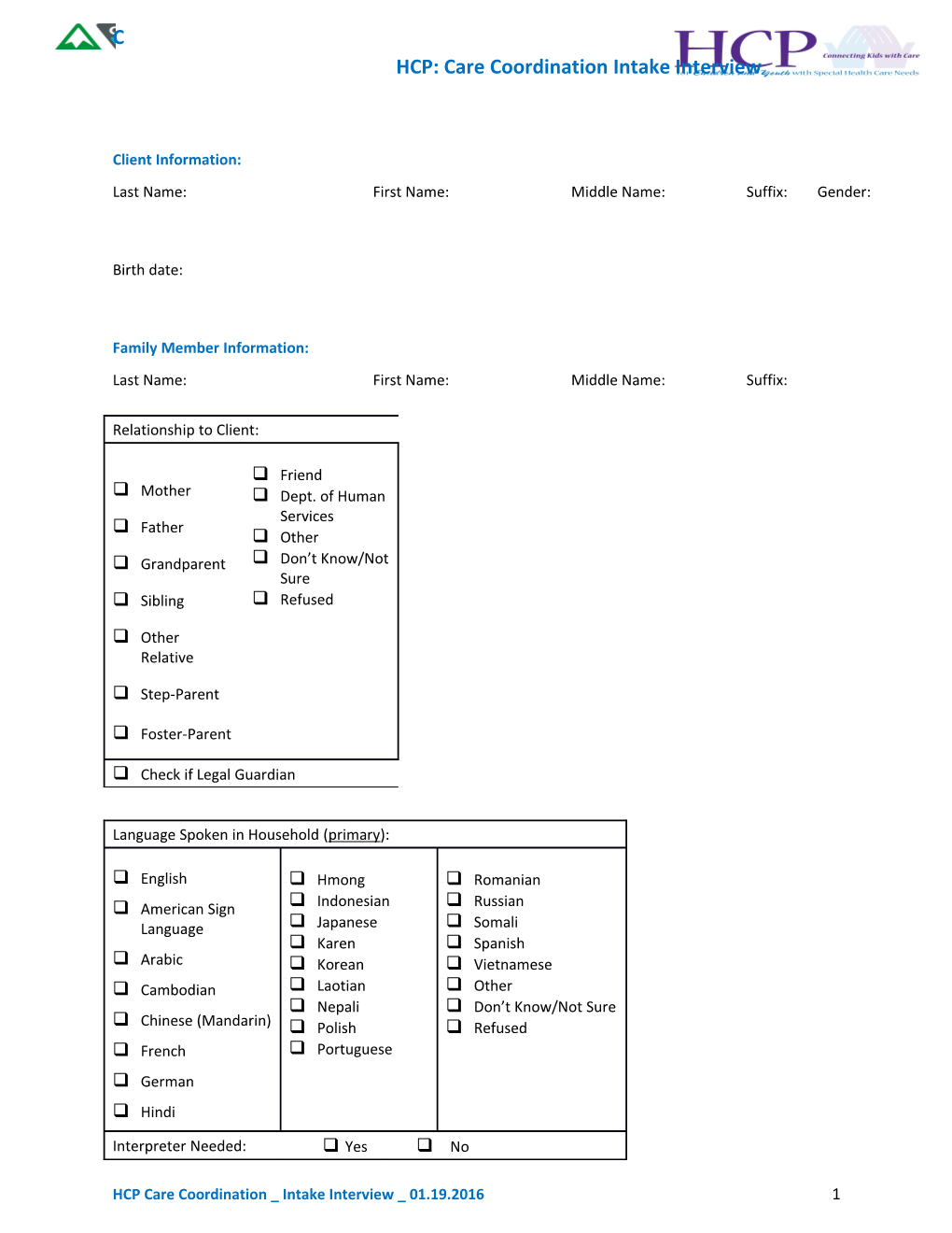 HCP: Care Coordination Intake Interview