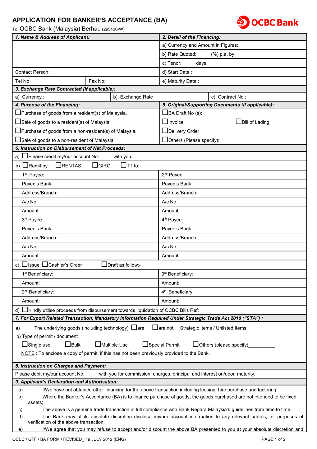 Banker S Acceptance Application Form