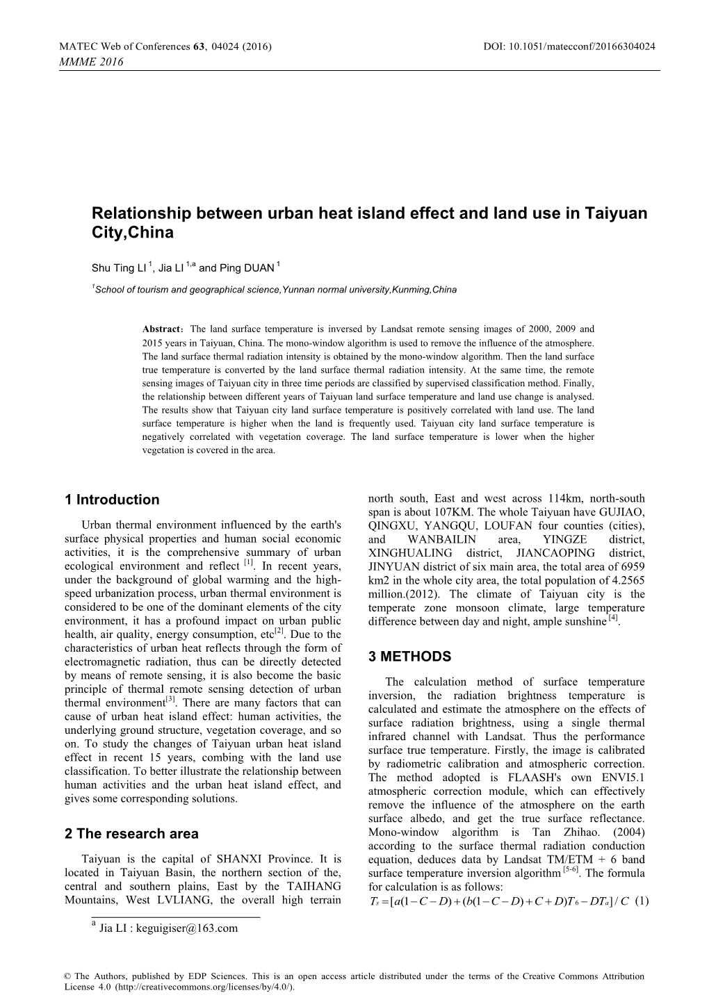 Relationship Between Urban Heat Island Effect and Land Use in Taiyuan City,China