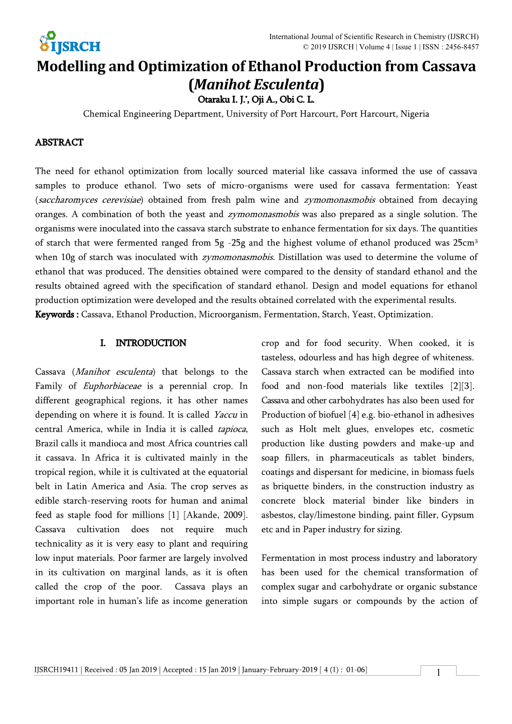 Modelling and Optimization of Ethanol Production from Cassava (Manihot Esculenta) Otaraku I