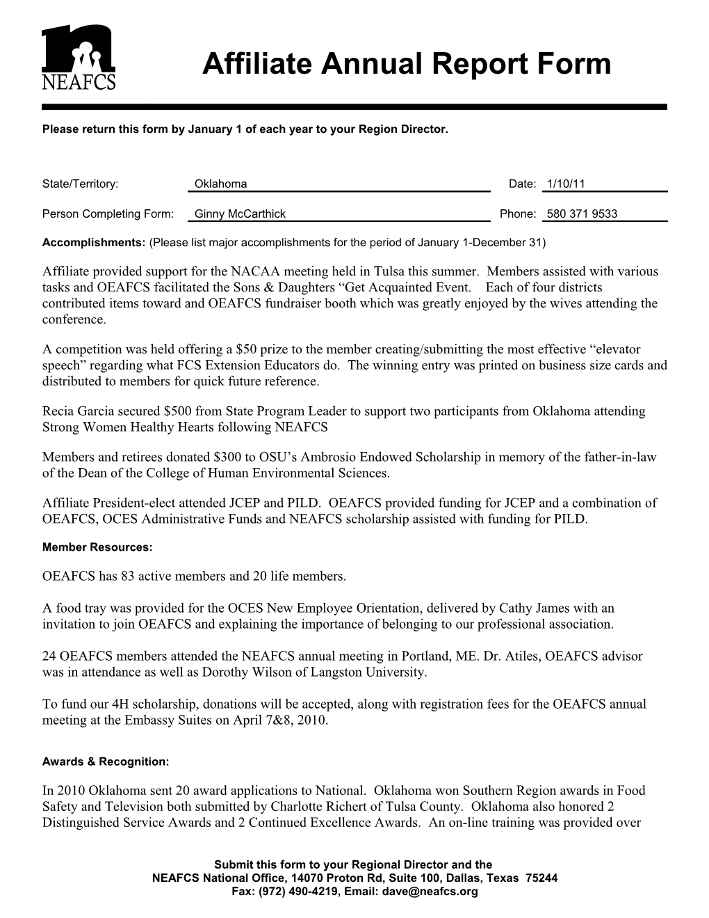 Affiliate Annual Report Form