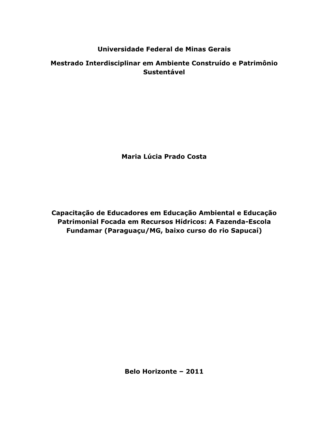 Universidade Federal De Minas Gerais Mestrado Interdisciplinar Em