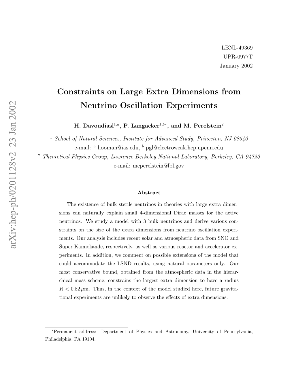 Arxiv:Hep-Ph/0201128V2 23 Jan 2002 2 Hoeia Hsc Ru,Lwec Eklyntoa Lab National Berkeley Lawrence Group, Physics Theoretical Hldlha A19104