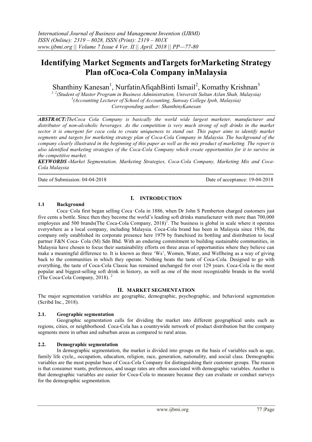 Identifying Market Segments Andtargets Formarketing Strategy Plan Ofcoca-Cola Company Inmalaysia