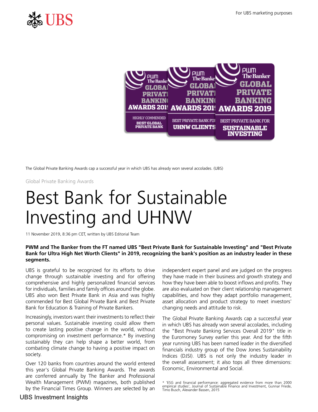 Best Bank for Sustainable Investing and UHNW
