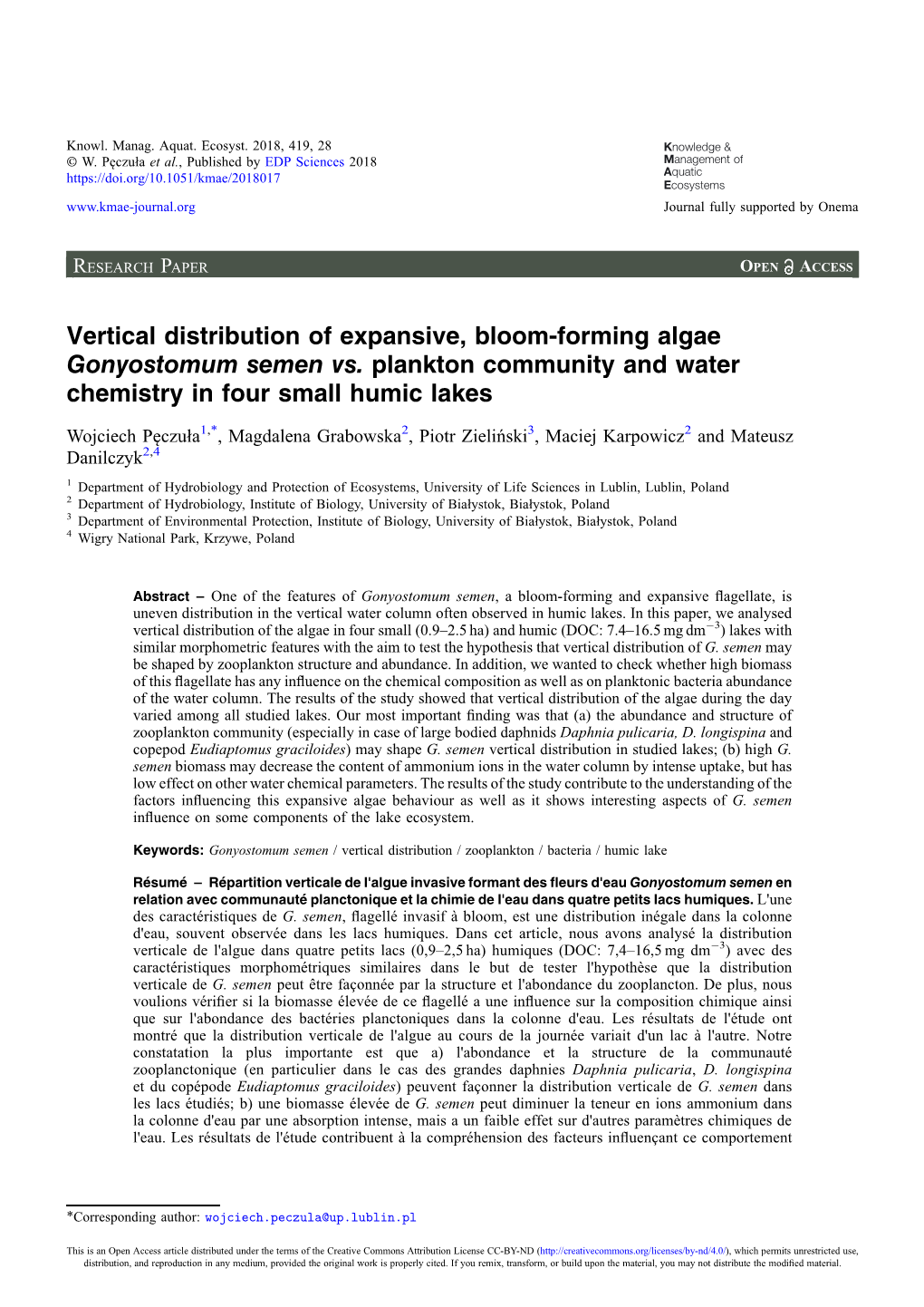 Vertical Distribution of Expansive, Bloom-Forming Algae Gonyostomum Semen Vs