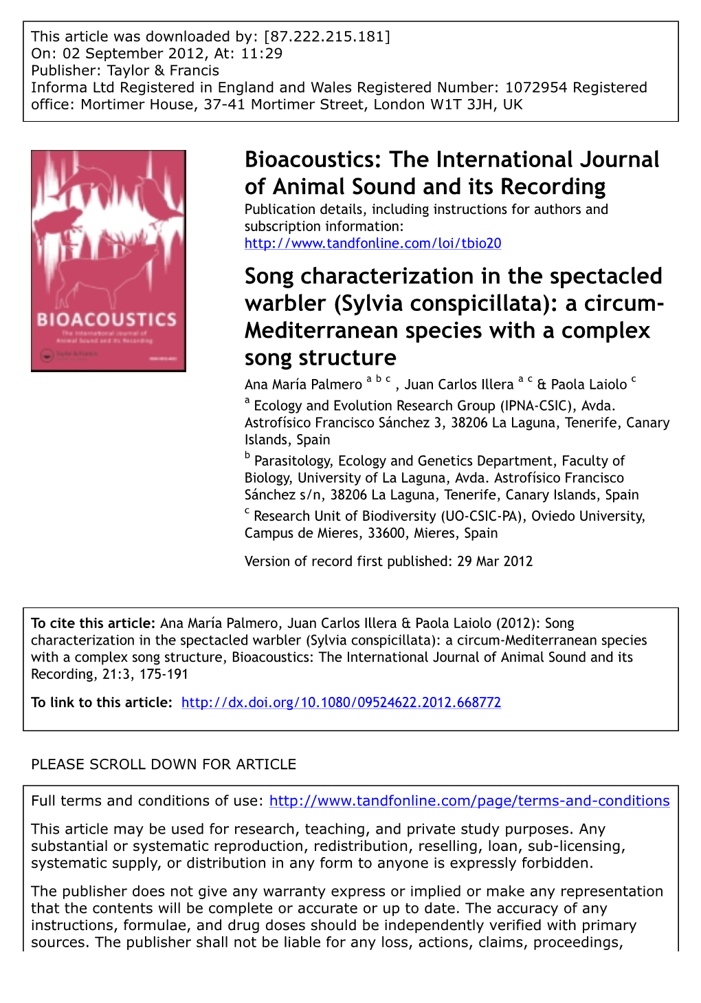 Song Characterization in the Spectacled