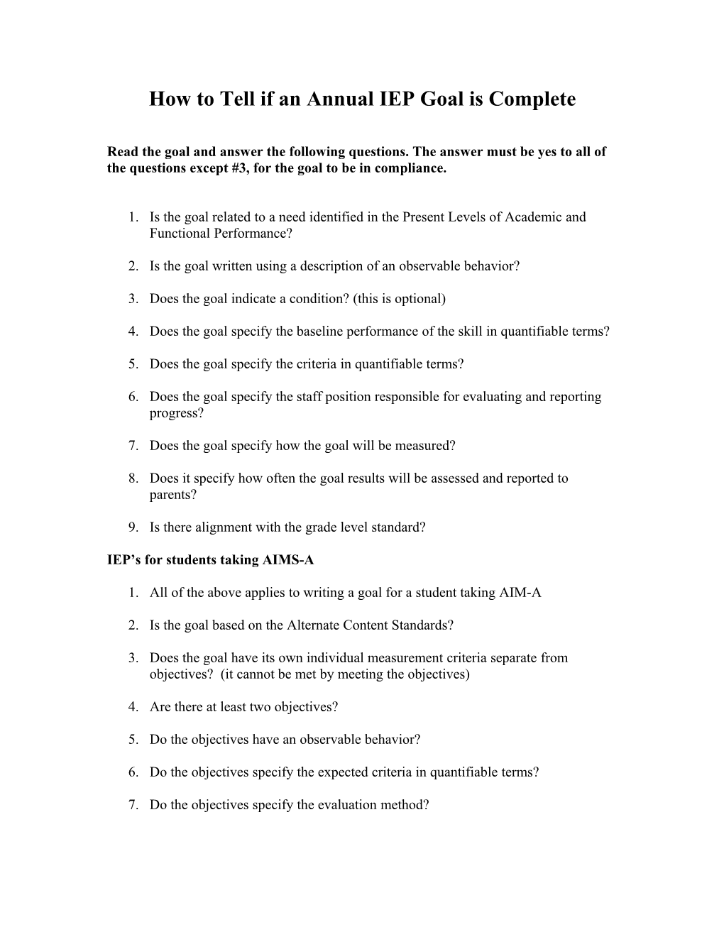 Rubric for Writing Standards-Based Measurable Goals