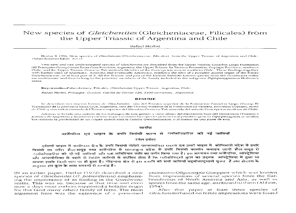 New Species of Gleichenites Cgleicheniaceae, Filicales) from the Upper Triassic of Argentina and Chile