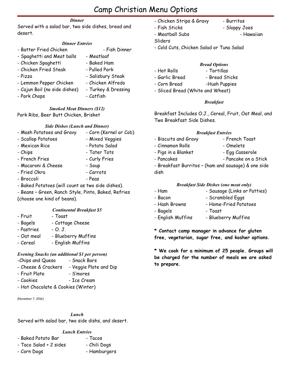 Camp Christian Menu Options