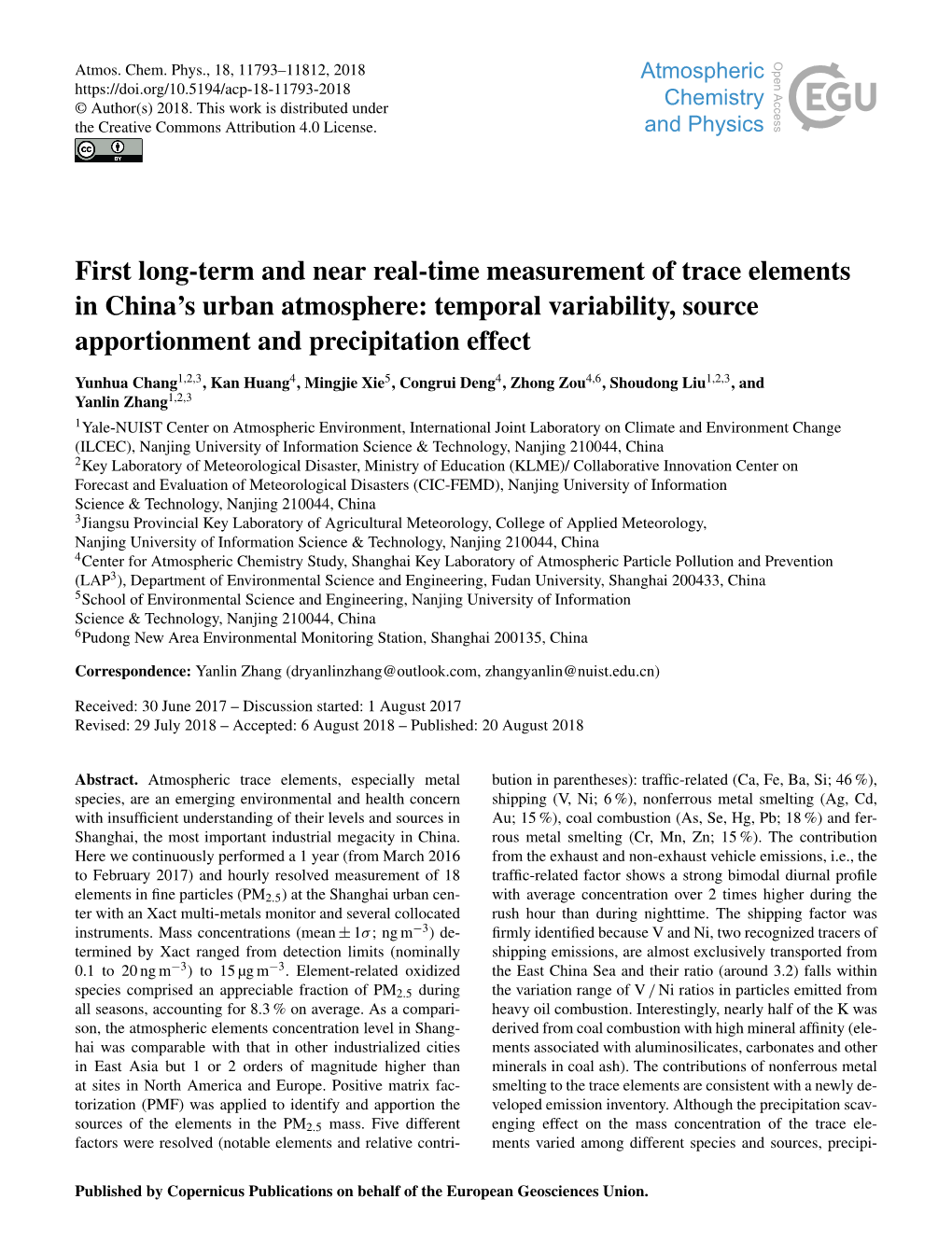 First Long-Term and Near Real-Time Measurement of Trace Elements in China’S Urban Atmosphere: Temporal Variability, Source Apportionment and Precipitation Effect