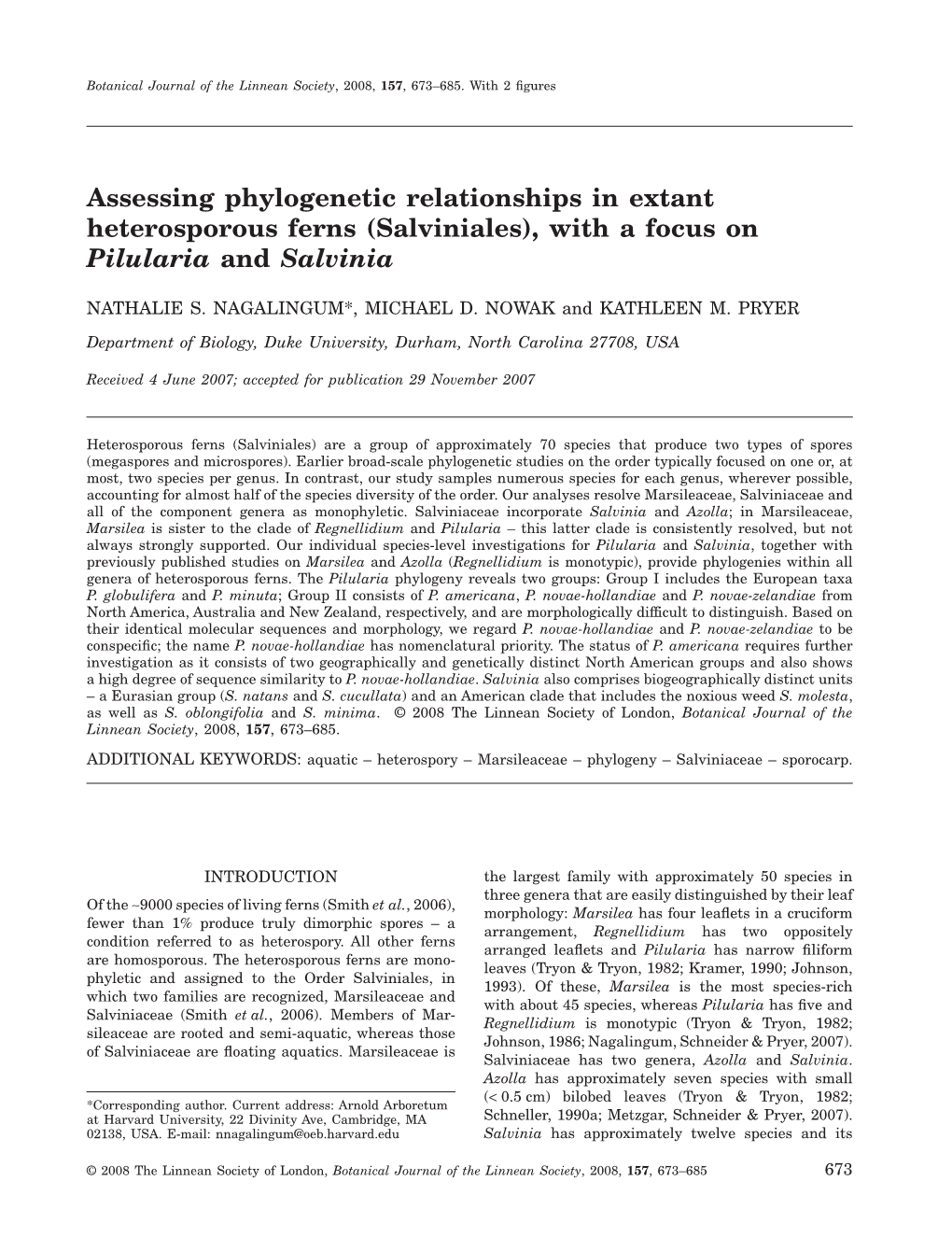 Assessing Phylogenetic Relationships in Extant Heterosporous Ferns (Salviniales), with a Focus on Pilularia and Salvinia