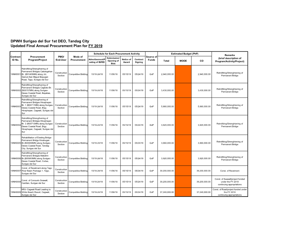 DPWH Surigao Del Sur 1St DEO, Tandag City Updated Final Annual Procurement Plan for FY 2019