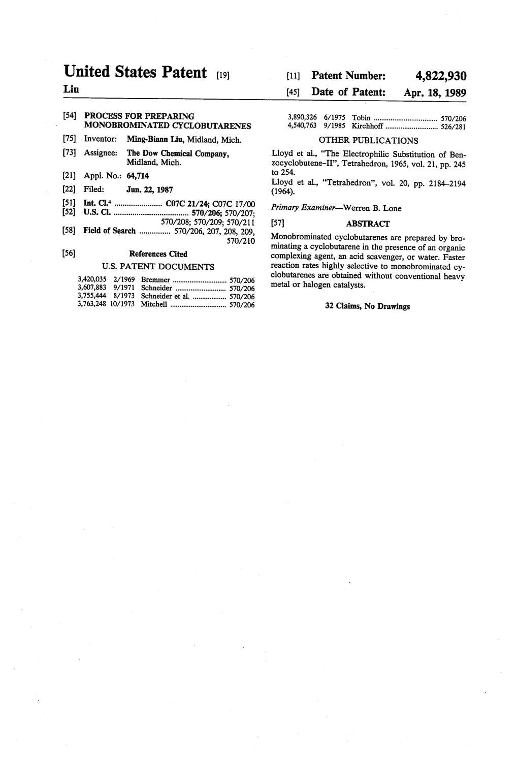 United States Patent (19) 11 Patent Number: 4,822,930 Liu 45 Date of Patent: Apr