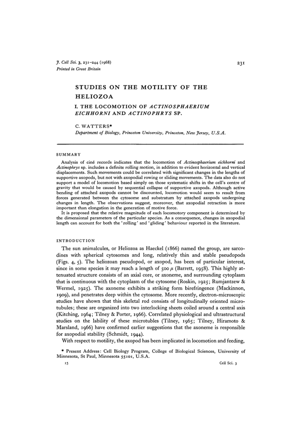 Studies on the Motility of the Heliozoa I