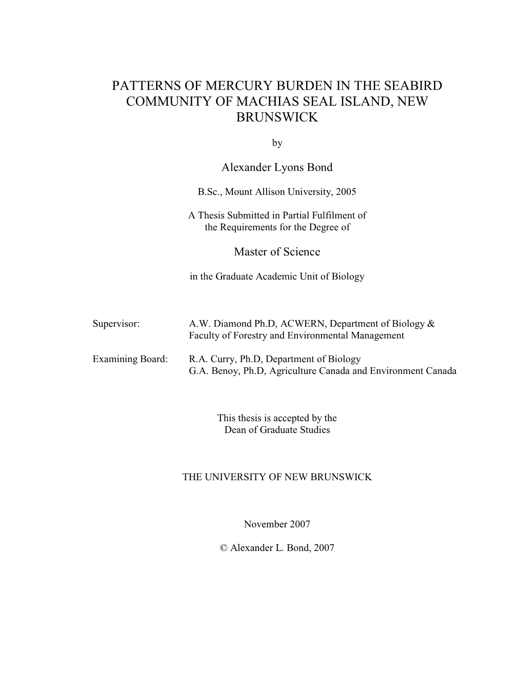 Patterns of Mercury Burden in the Seabird Community of Machias Seal Island, New Brunswick