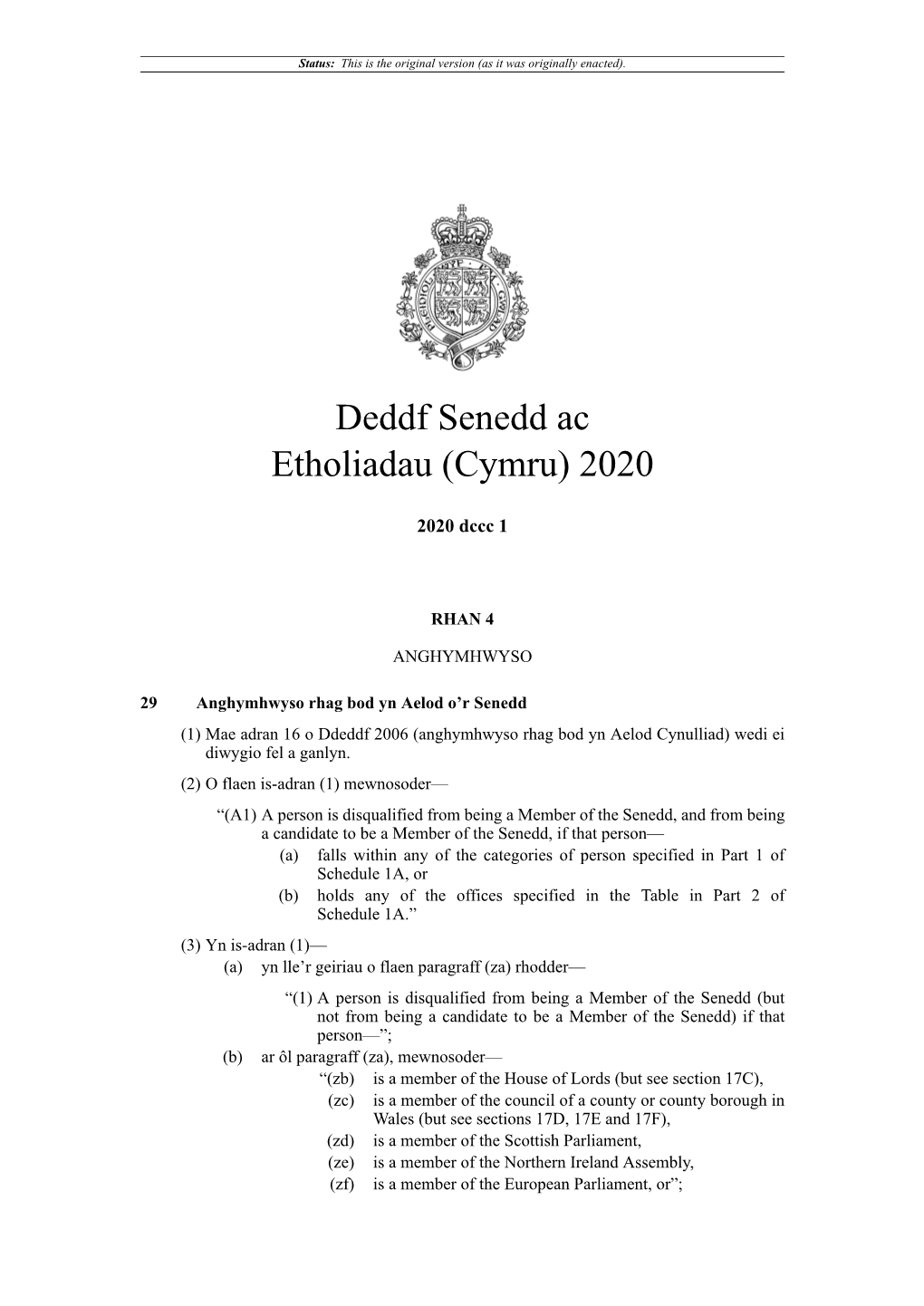 Deddf Senedd Ac Etholiadau (Cymru) 2020