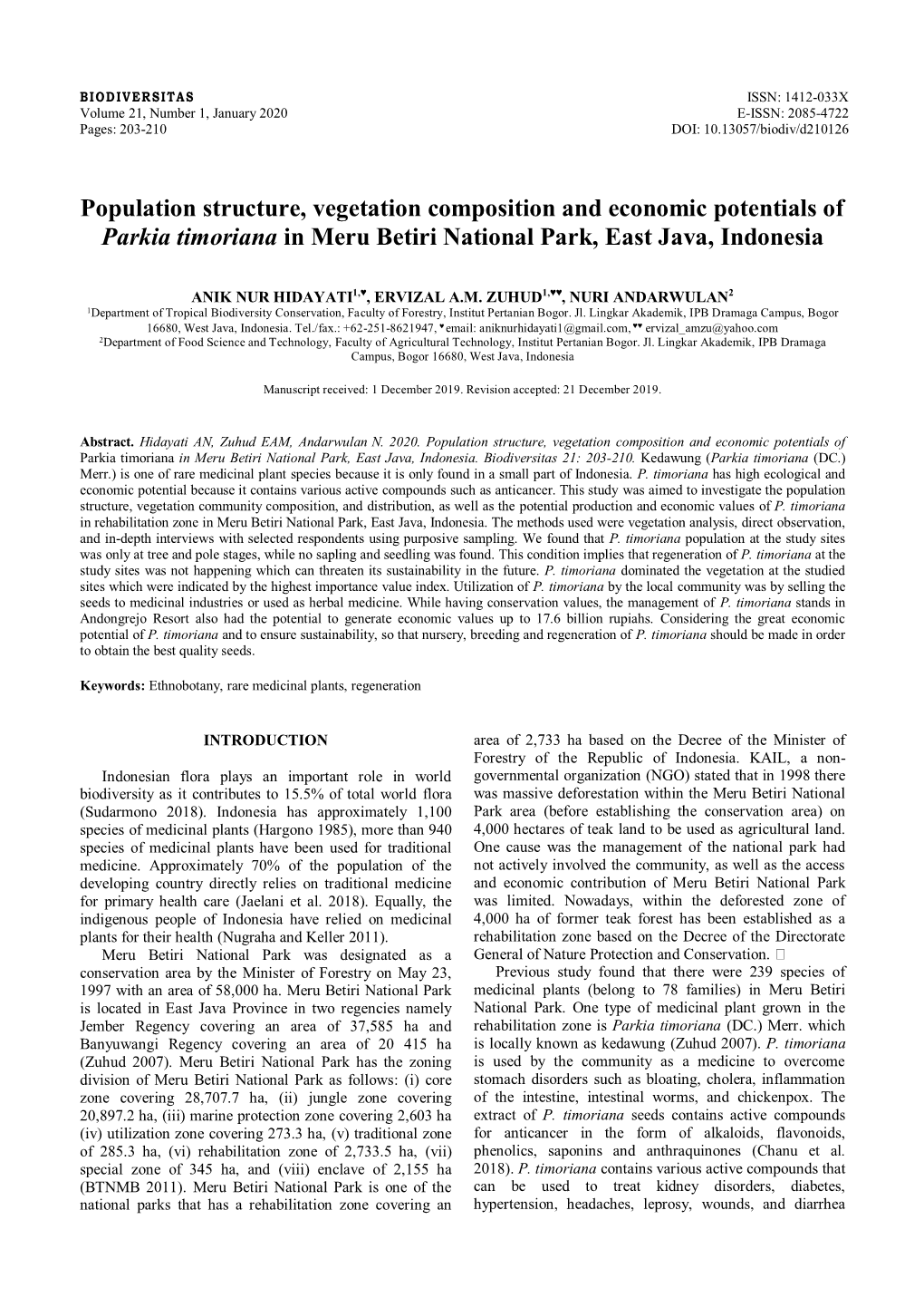 Population Structure, Vegetation Composition and Economic Potentials of Parkia Timoriana in Meru Betiri National Park, East Java, Indonesia