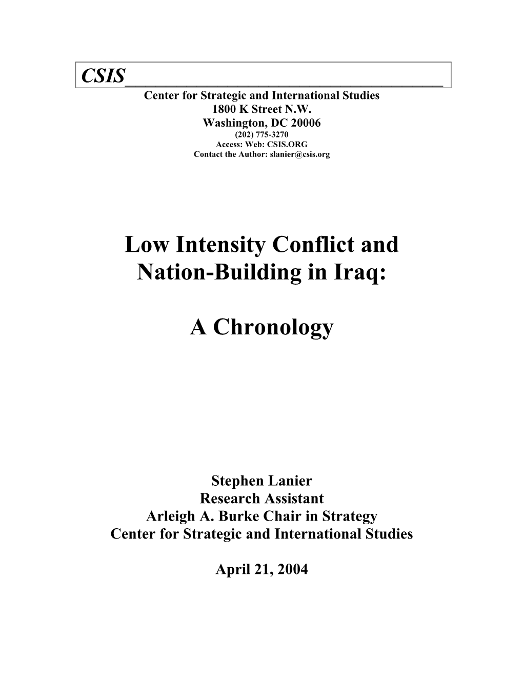 Low Intensity Conflict and Nation-Building in Iraq: a Chronology