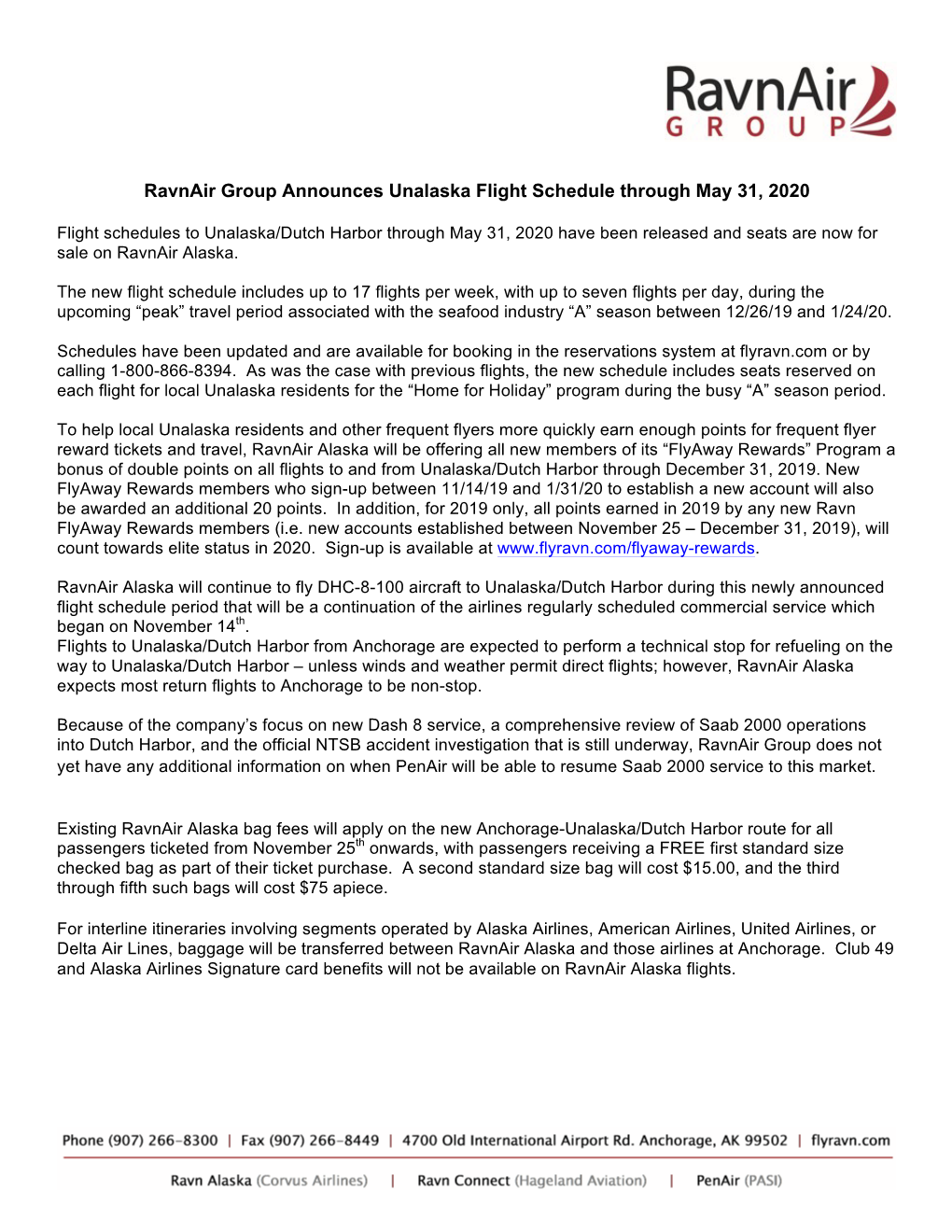 Ravn Air Group Press Release November 25, 2019