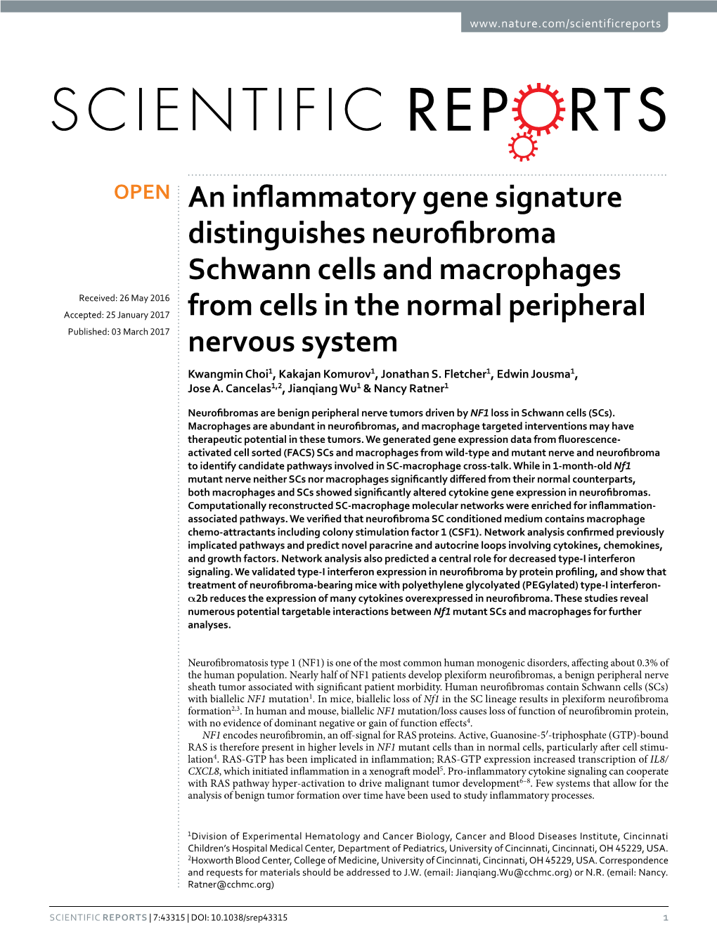 An Inflammatory Gene Signature Distinguishes Neurofibroma