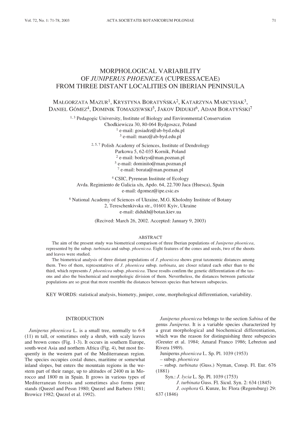 Morphological Variability of Juniperus Phoenicea (Cupressaceae) from Three Distant Localities on Iberian Peninsula