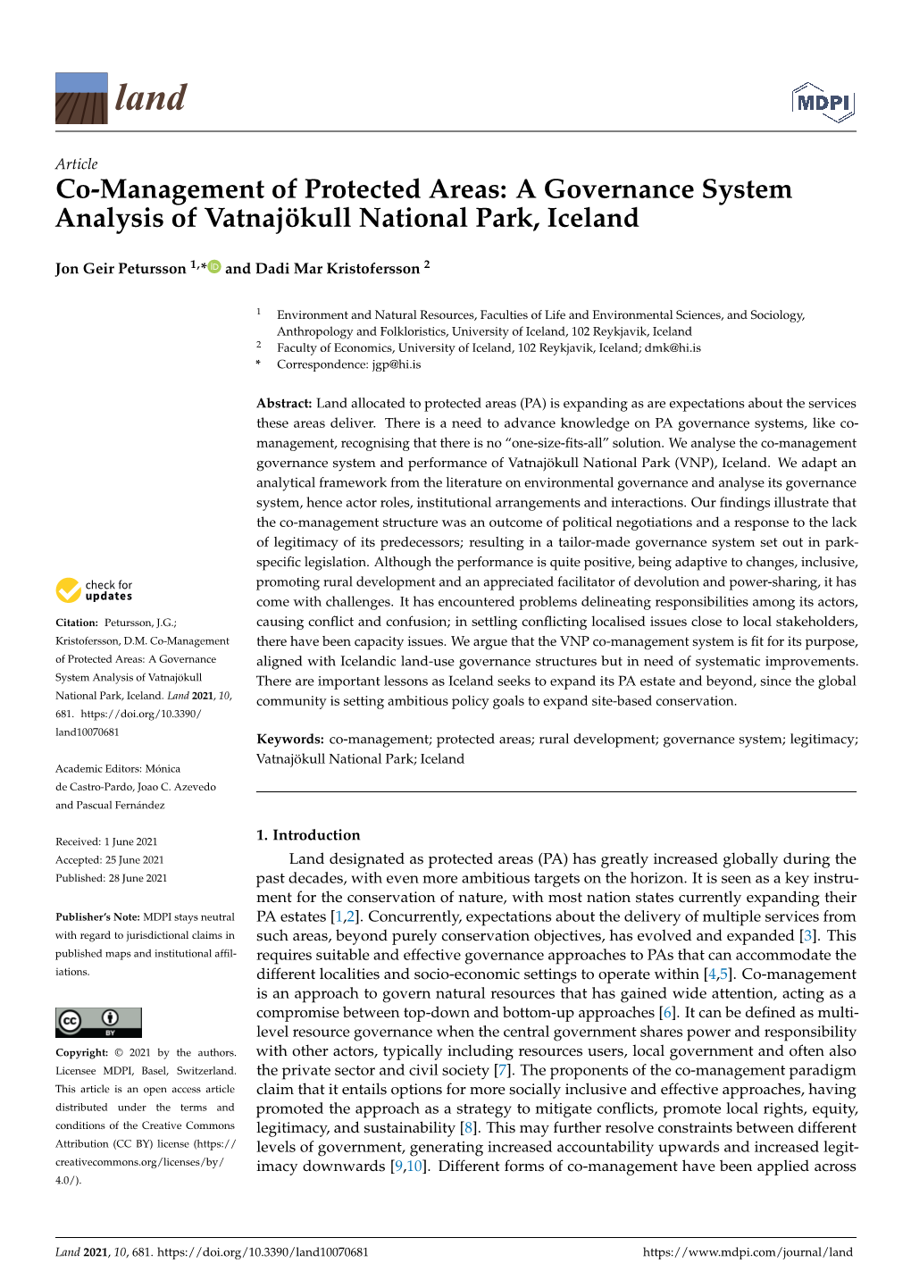 Co-Management of Protected Areas: a Governance System Analysis of Vatnajökull National Park, Iceland