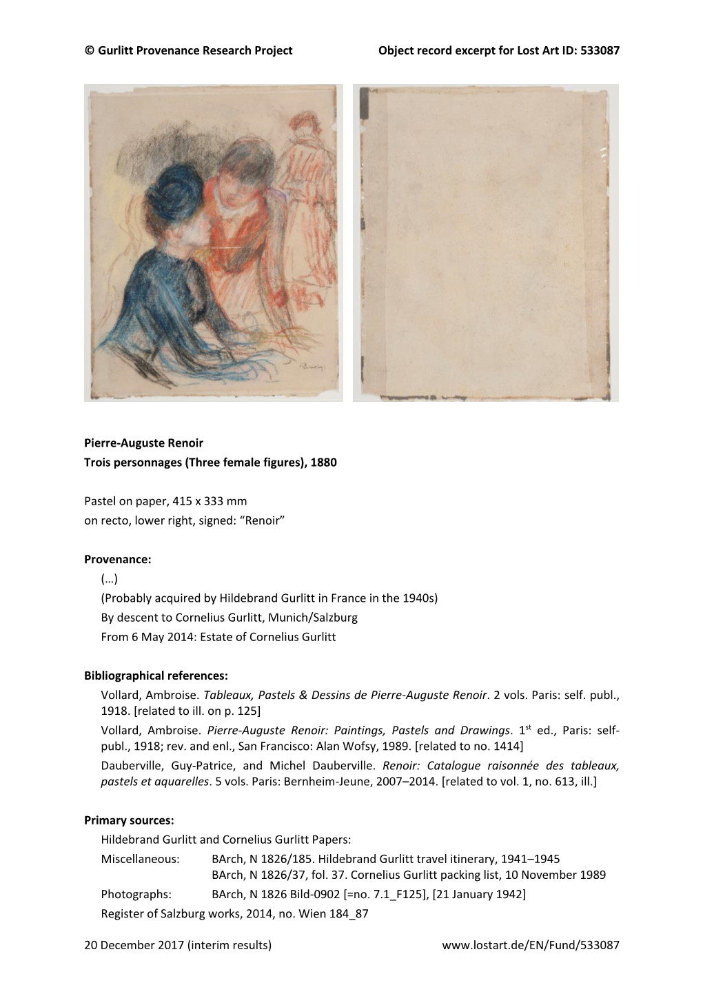 © Gurlitt Provenance Research Project Object Record Excerpt for Lost Art ID: 533087 20 December 2017 (Interim Results)