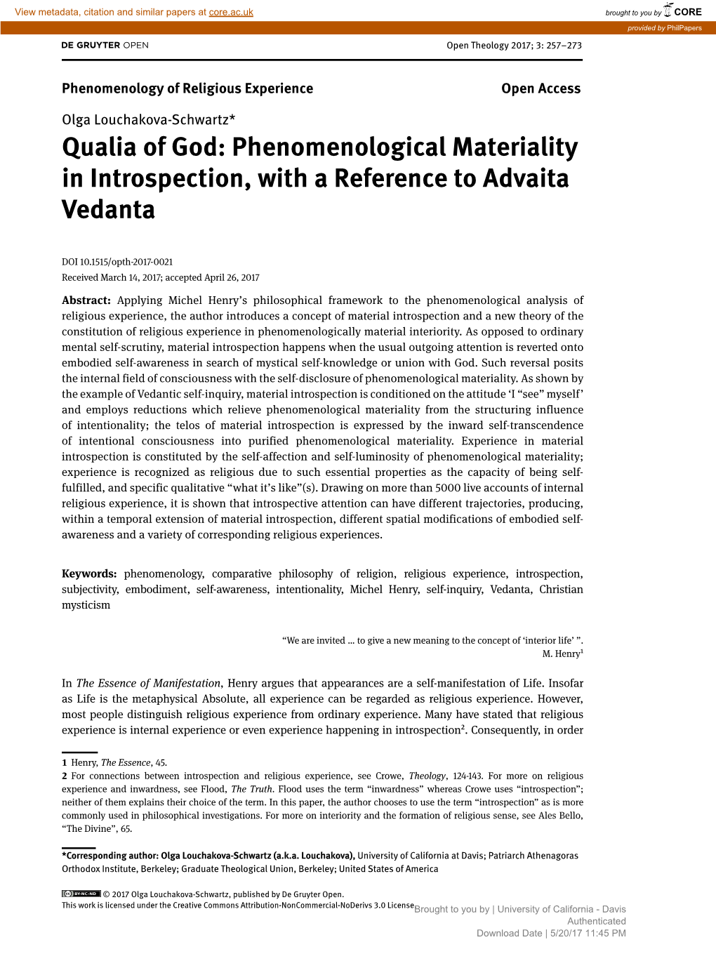 Qualia of God: Phenomenological Materiality in Introspection, with a Reference to Advaita Vedanta