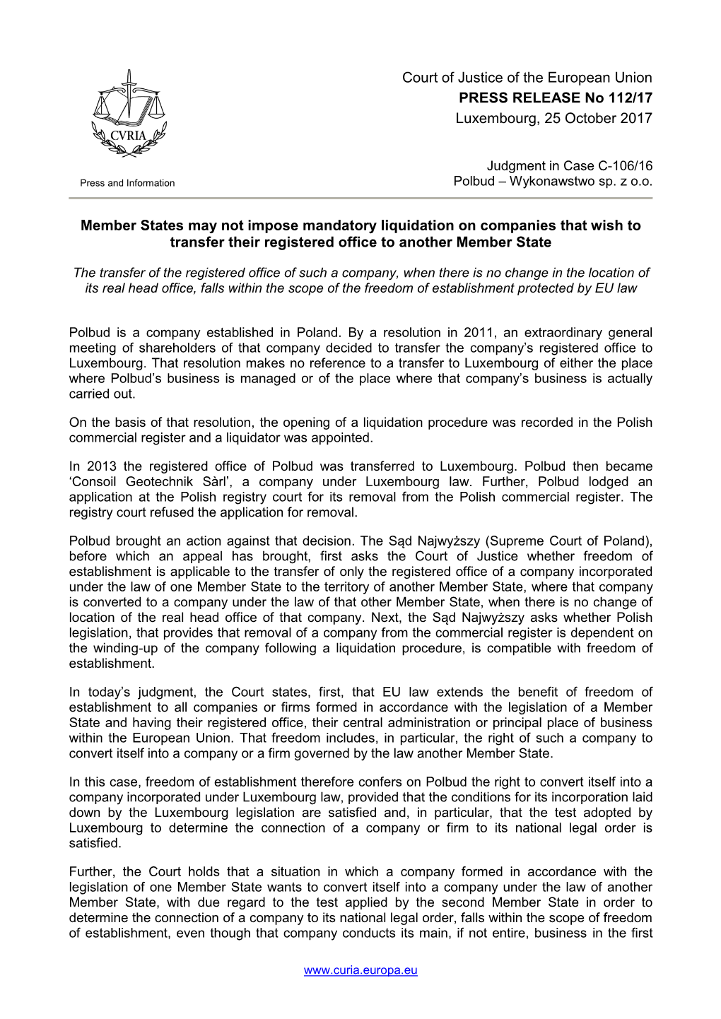 Member States May Not Impose Mandatory Liquidation on Companies That Wish to Transfer Their Registered Office to Another Member State