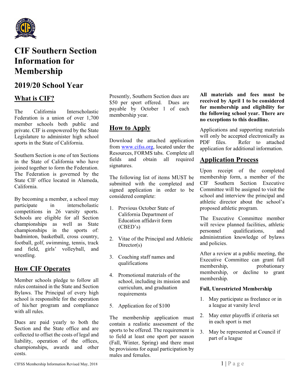 CIF Southern Section Information for Membership