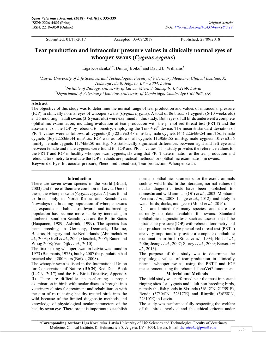 Tear Production and Intraocular Pressure Values in Clinically Normal Eyes of Whooper Swans (Cygnus Cygnus)