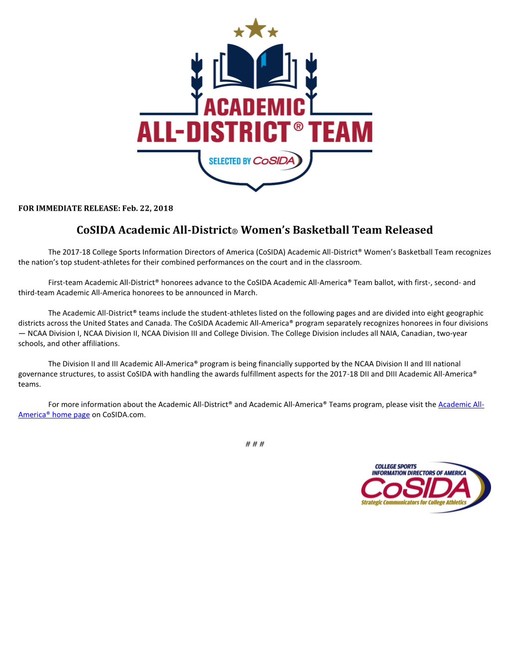 Cosida Academic All-District® Women's Basketball Team Released