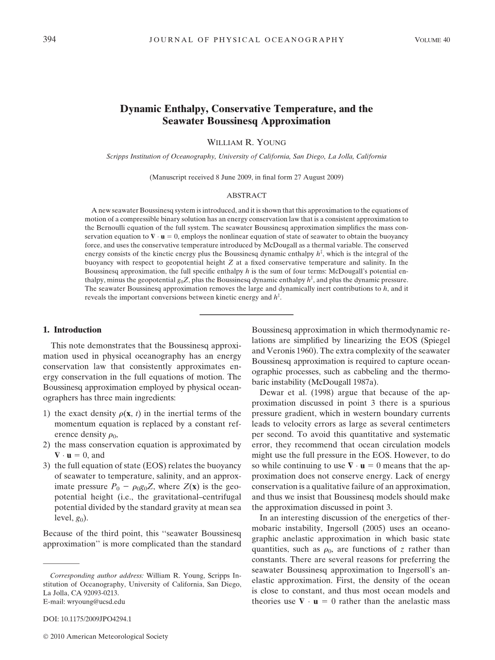 W.R.Young 2010. Dynamic Enthalpy, Conservative Temperature, and The