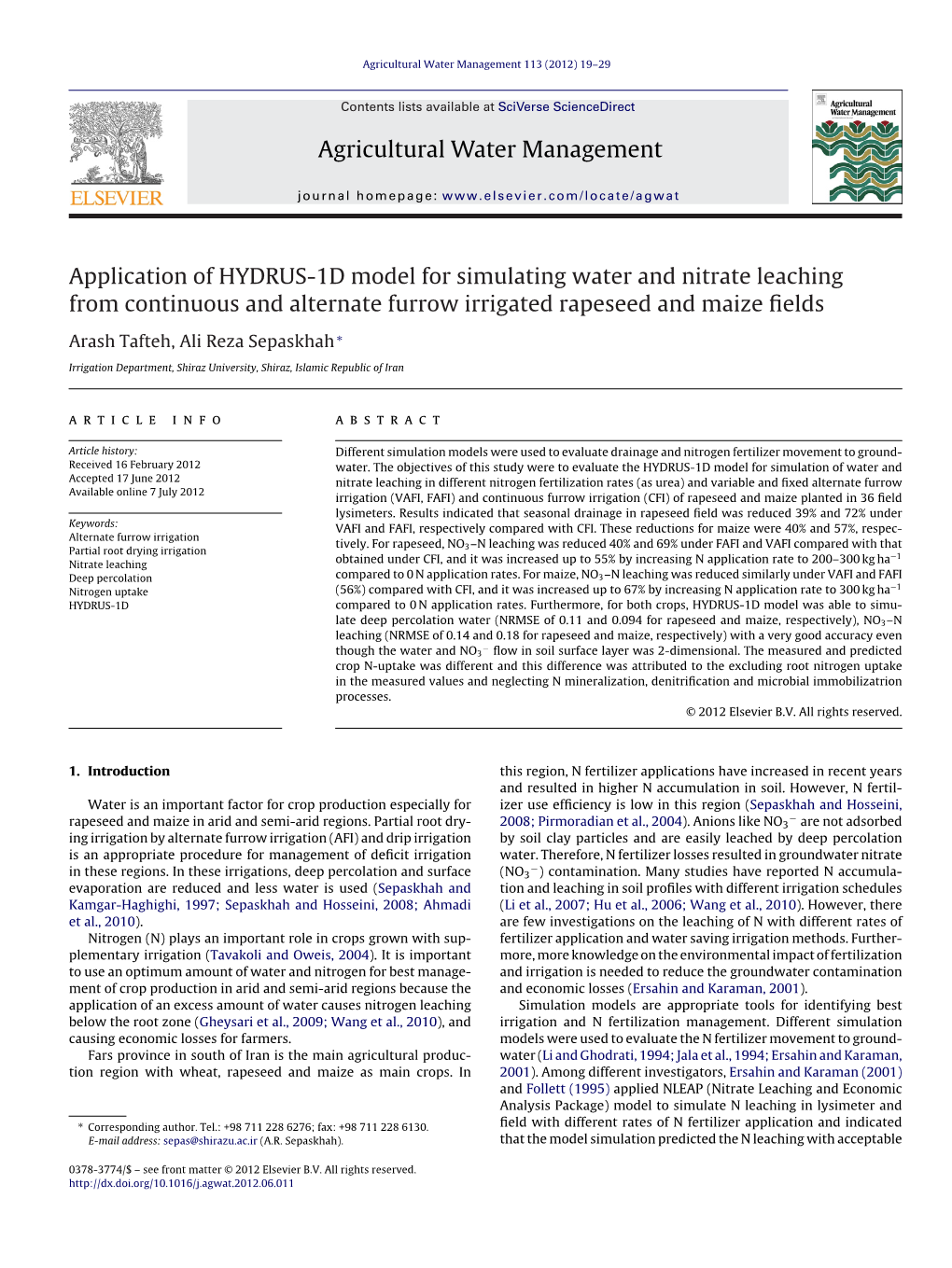 Application of HYDRUS-1D Model for Simulating Water and Nitrate Leaching