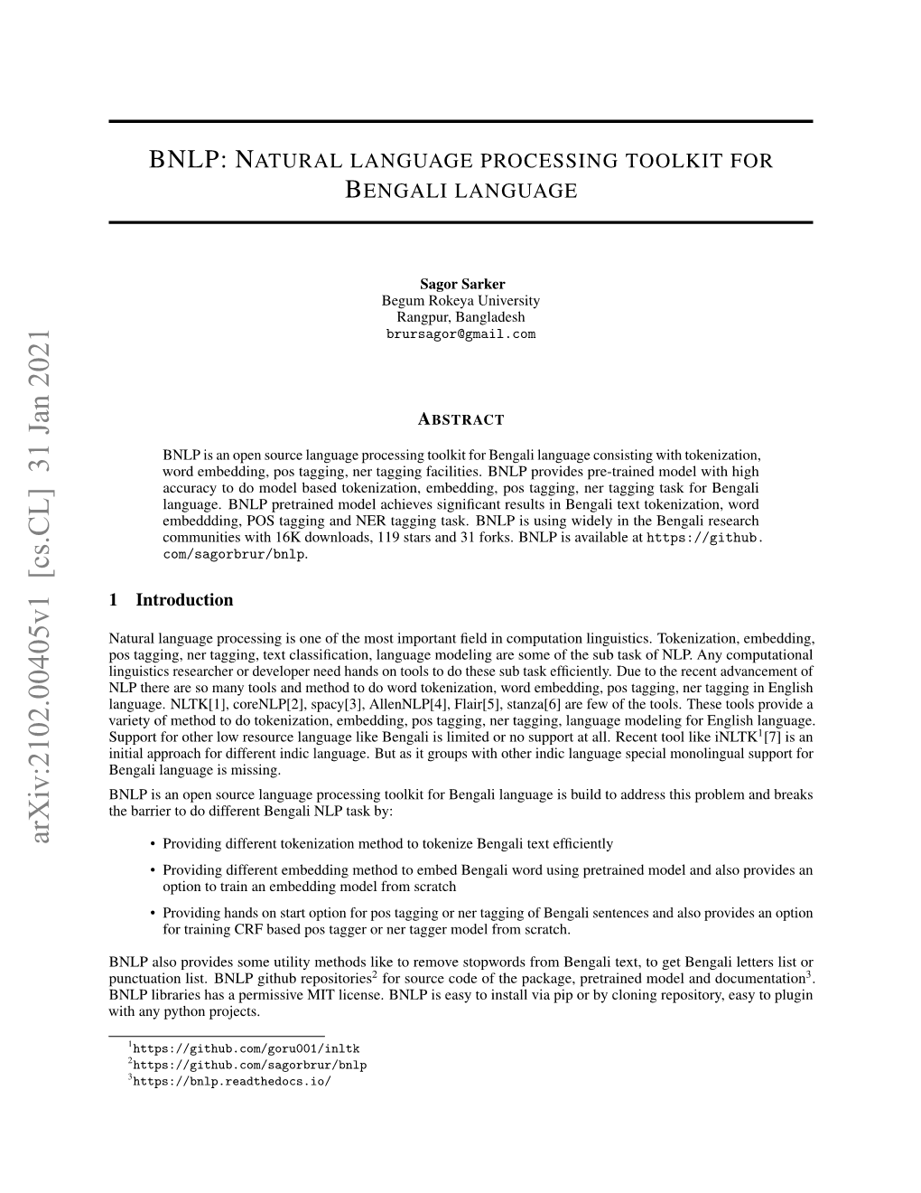 Bnlp: Natural Language Processing Toolkit for Bengali Language