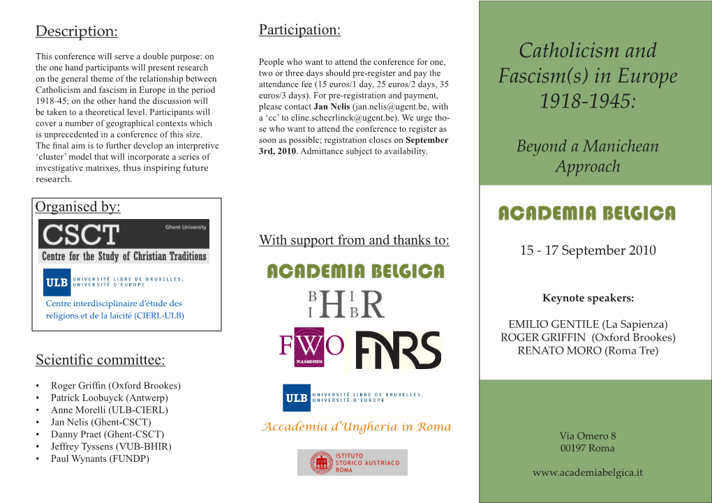 Catholicism and Fascism(S) in Europe 1918-1945