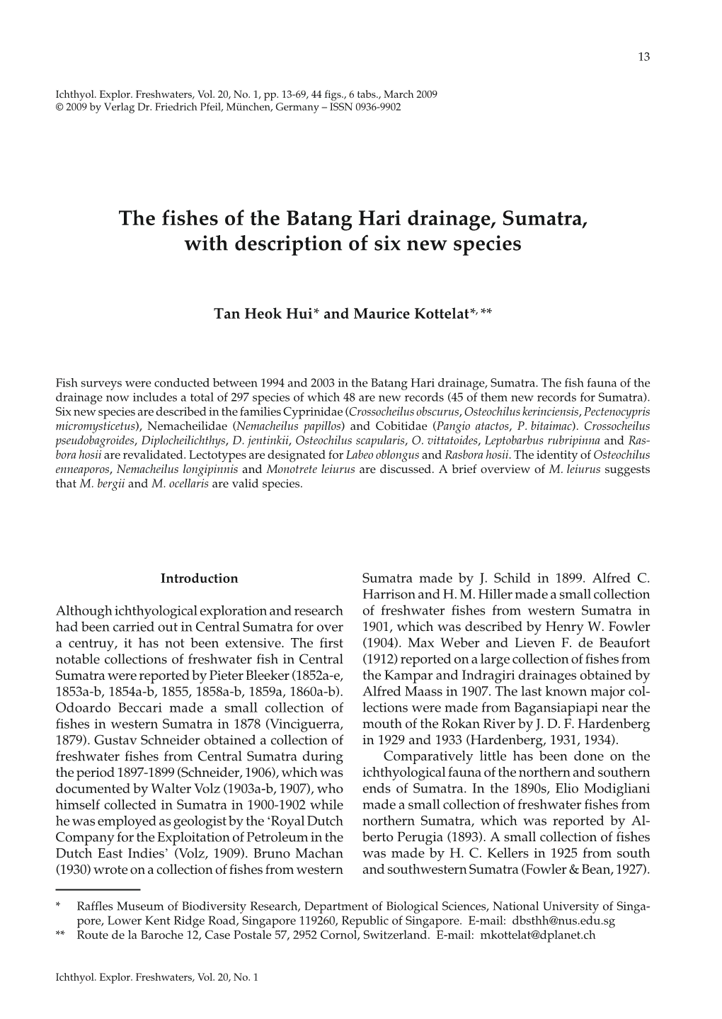 The Fishes of the Batang Hari Drainage, Sumatra, with Description of Six New Species