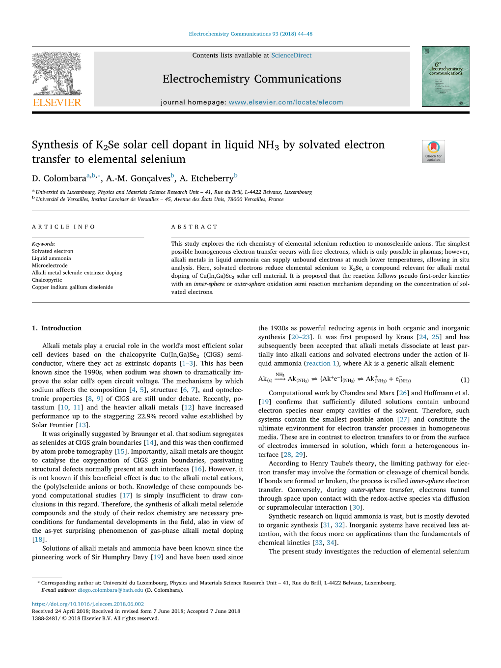 Synthesis of K2se Solar Cell Dopant in Liquid NH3 by Solvated Electron T Transfer to Elemental Selenium ⁎ D