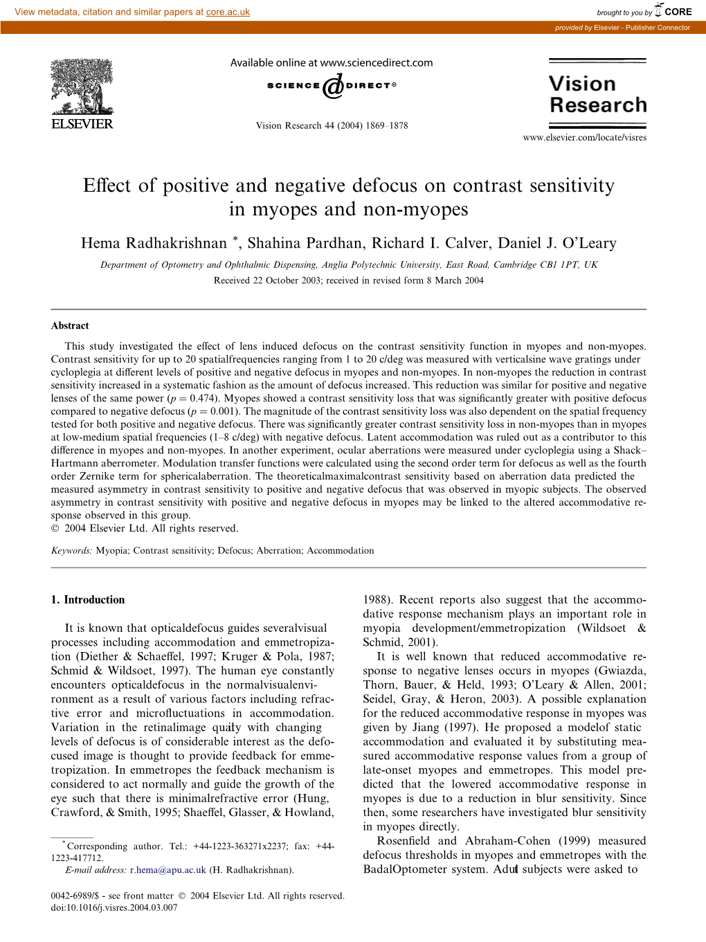 Effect of Positive and Negative Defocus on Contrast Sensitivity in Myopes